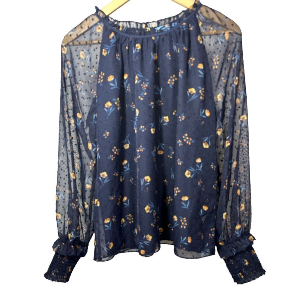 DRAPER JAMES  Women's Floral Swiss Dot Smocked Long Sleeve Blouse Blue Medium